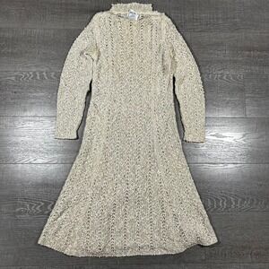 VTG Pallas Loomed Irish Linen Crochet Knit Dress Beige Long‎ Sleeve Mock Neck